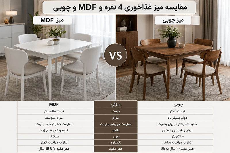 قیمت میز غذاخوری 4 نفره MDF و چوبی؛ مقایسه کامل